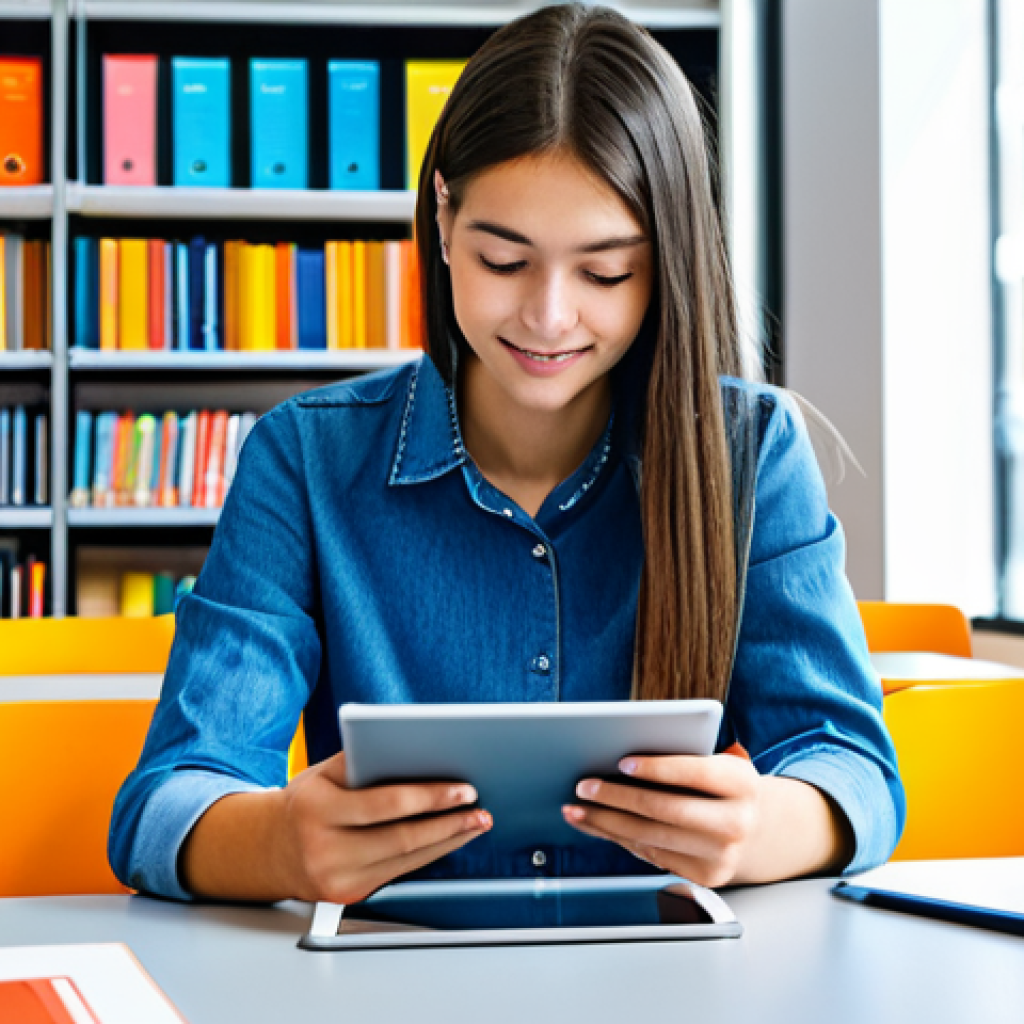 Hyper-Personalized Learning Experience**

"A young woman, fully clothed in modest casual wear, studying on a tablet surrounded by personalized learning materials in a bright, modern co-working space. The tablet displays an interactive educational app with vibrant graphics. Bookshelves filled with diverse titles line the background. Safe for work, appropriate content, professional, perfect anatomy, correct proportions, well-formed hands, natural pose, educational environment, family-friendly."

**