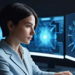 웹 기술의 에코시스템 변화 - **Prompt:** A focused female web developer, in her early 30s with chic, short hair, is intently work...