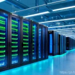 웹 기술의 친환경적 변화 - **Prompt:** A state-of-the-art, eco-friendly data center interior, illuminated with soft blue and gr...