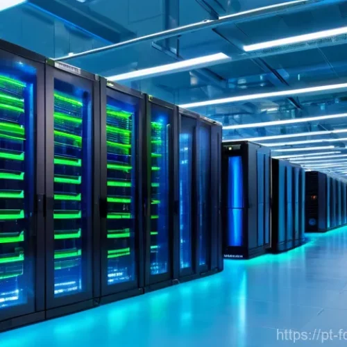 웹 기술의 친환경적 변화 - **Prompt:** A state-of-the-art, eco-friendly data center interior, illuminated with soft blue and gr...