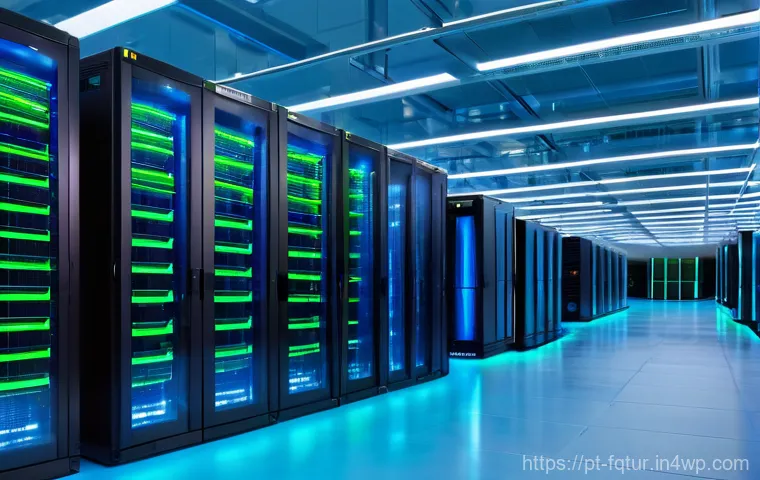 웹 기술의 친환경적 변화 - **Prompt:** A state-of-the-art, eco-friendly data center interior, illuminated with soft blue and gr...