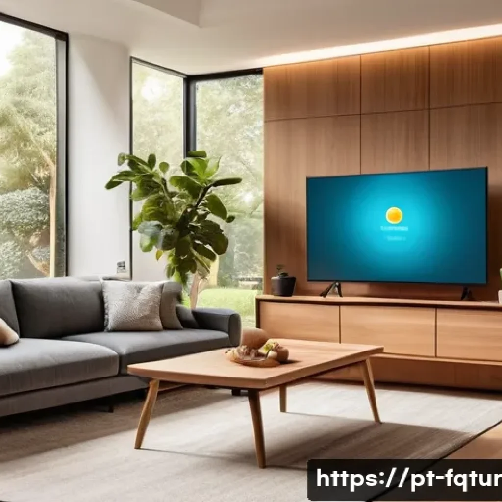 융합 기술과 웹 생태계의 변화 - A modern Brazilian living room scene showcasing a smart home environment: sleek furniture with integ...