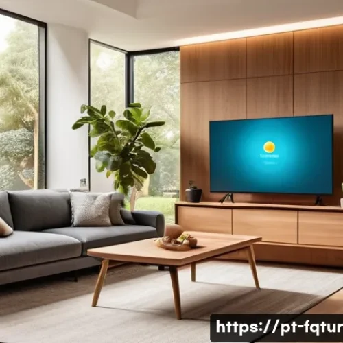 Home 11 융합 기술과 웹 생태계의 변화 - A modern Brazilian living room scene showcasing a smart home environment: sleek furniture with integ...