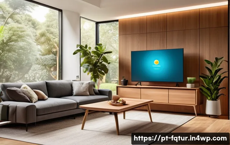 융합 기술과 웹 생태계의 변화 - A modern Brazilian living room scene showcasing a smart home environment: sleek furniture with integ...